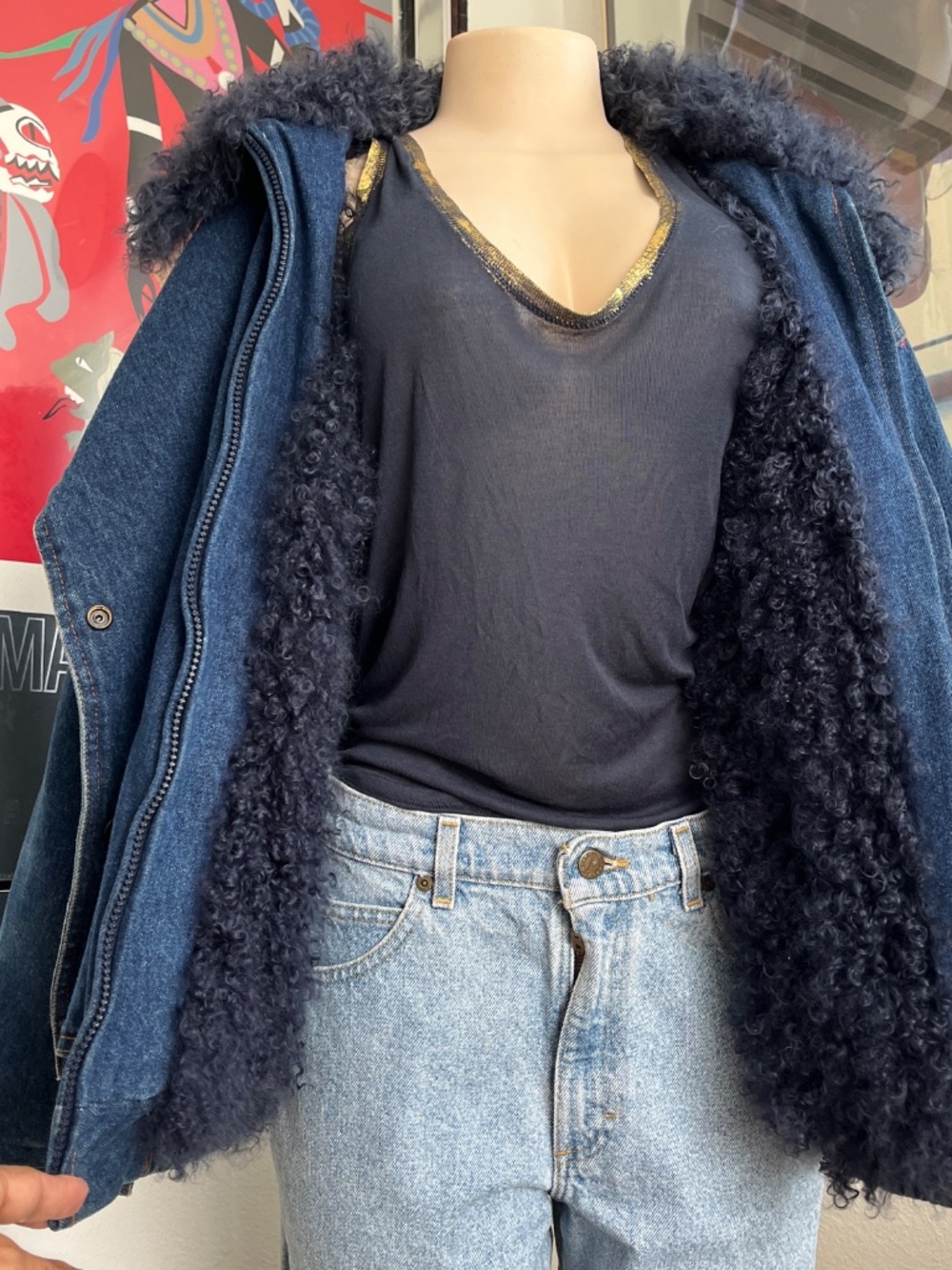 Vintage 1980s Mongolian Shearling Lined Denim Jacket Size L